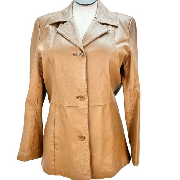 Womens Tan Leather Blazer Jacket M Button Long Sleeve Pockets Jessica Holbrook - Picture 1 of 8